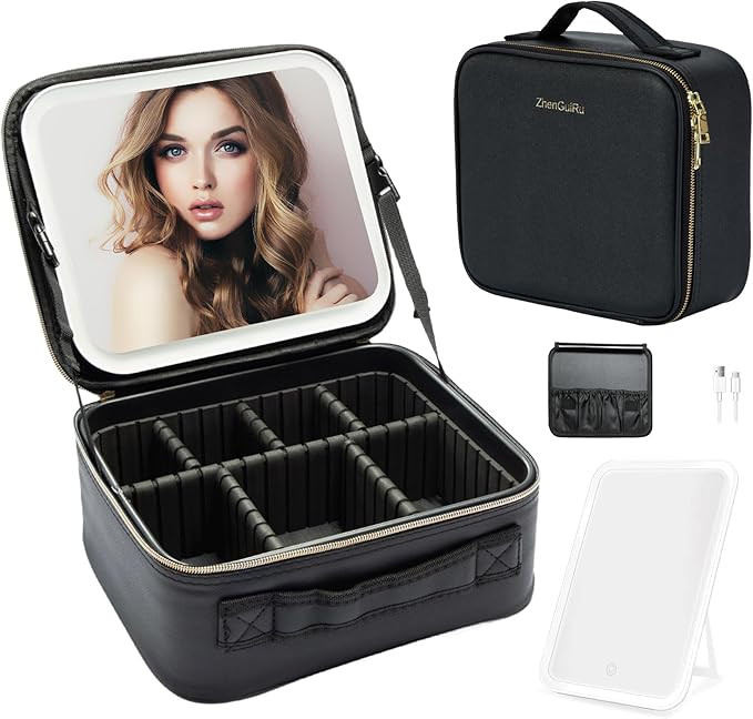 Travel Makeup Bag, Black Cosmetic Train Case with Lighted Mirror 3 Color Scenarios Adjustable Bri... | Amazon (US)