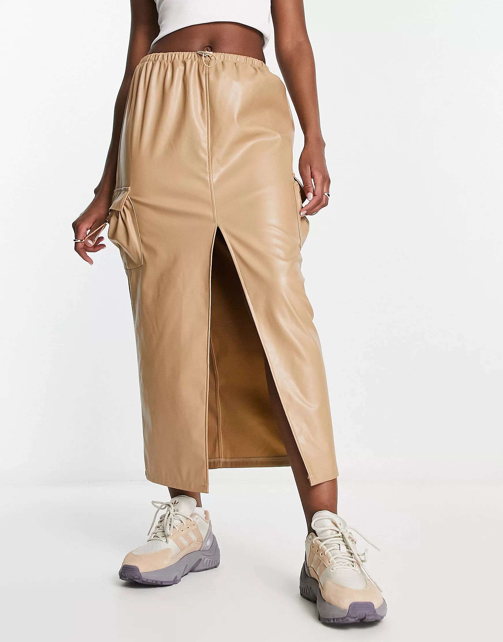 Kaiia leather look cargo midi skirt in camel | ASOS (Global)