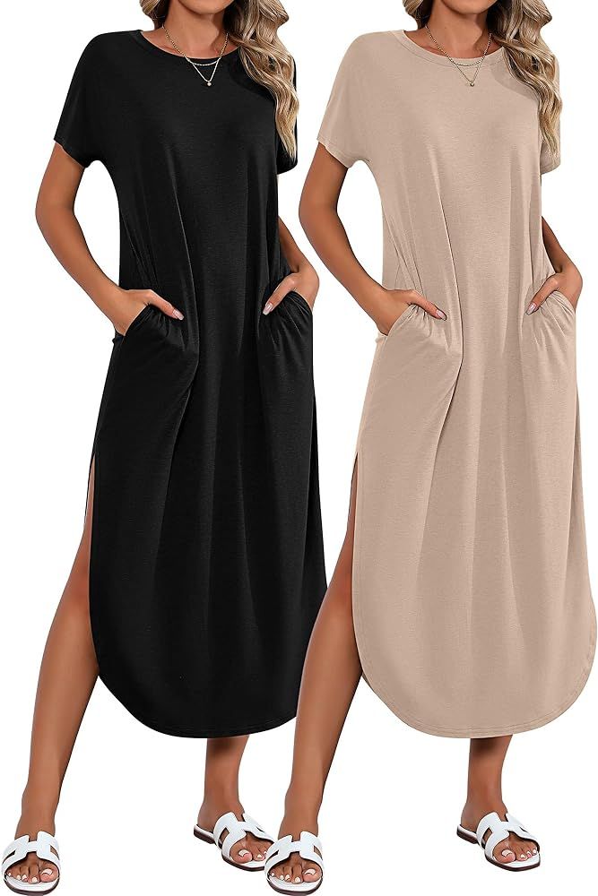 2 Pieces Women's Short Sleeve Maxi Dress Round Neck Casual Loose Split Long Summer Beach Shirt Dr... | Amazon (US)