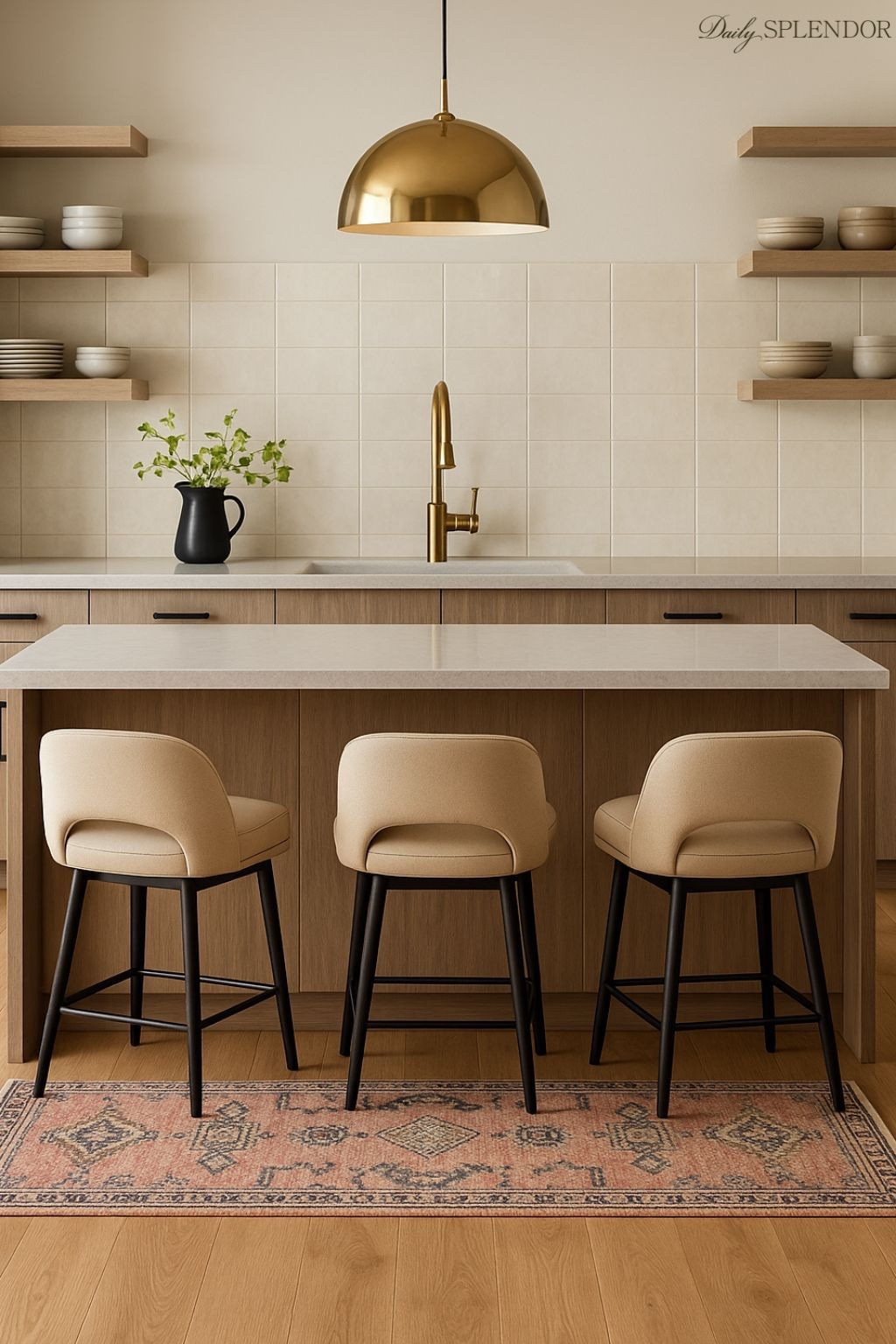 My take on it is—if you love your kitchen design, you won't mind being being stuck in the kitchen lol. #kitchen #cabinets #kitchencabinets #counterstool #pendantlight #goldfaucet #texturedtile #rugrunner #transitionaldecor #organicmodern #kitchendesign #kitchenreno #kitchendecor #backsplash #homedesign #homestyling #kitcheninspo

#LTKHome