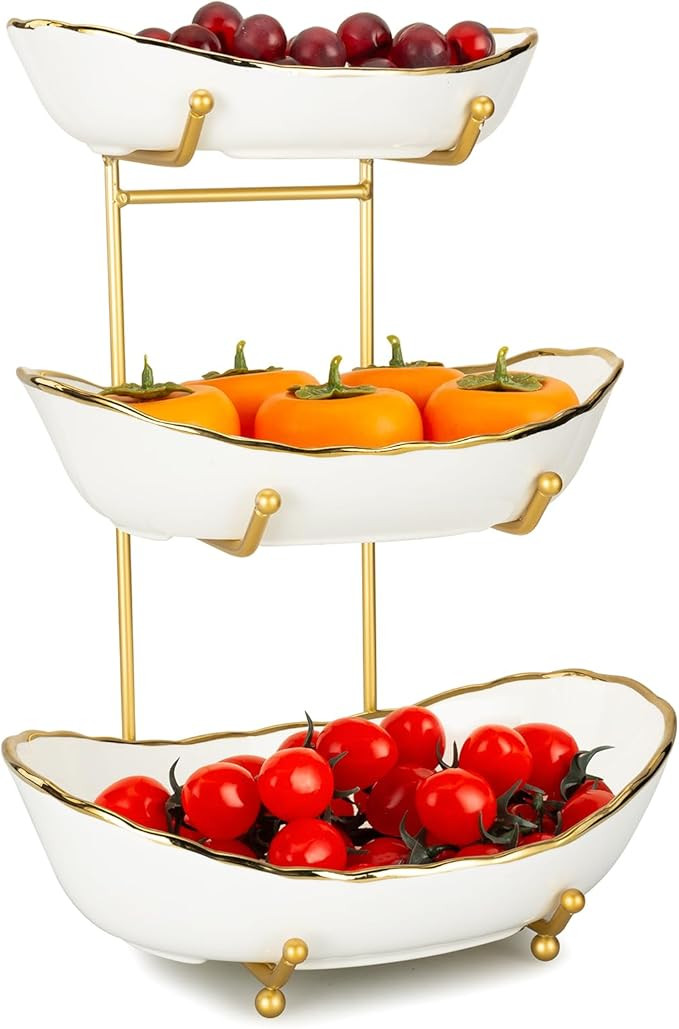 3 Tier Fruit Basket Ceramic Fruit Bowl Vegetable Storage with Metal Rack Porcelain Fruit Stand St... | Amazon (US)