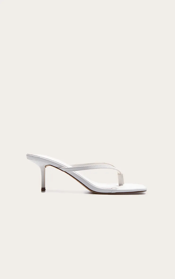 Cream Pu Square Toe Thong Mid Heeled Mules | PrettyLittleThing UK