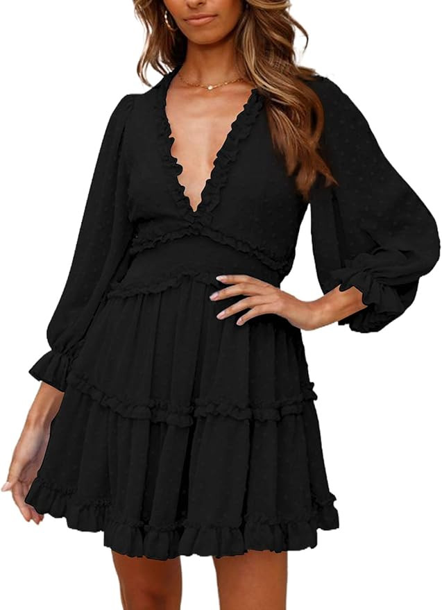 Dokotoo Womens Spring Summer Deep V Neck Ruffle Long Sleeve Floral Print Mini Dress | Amazon (US)