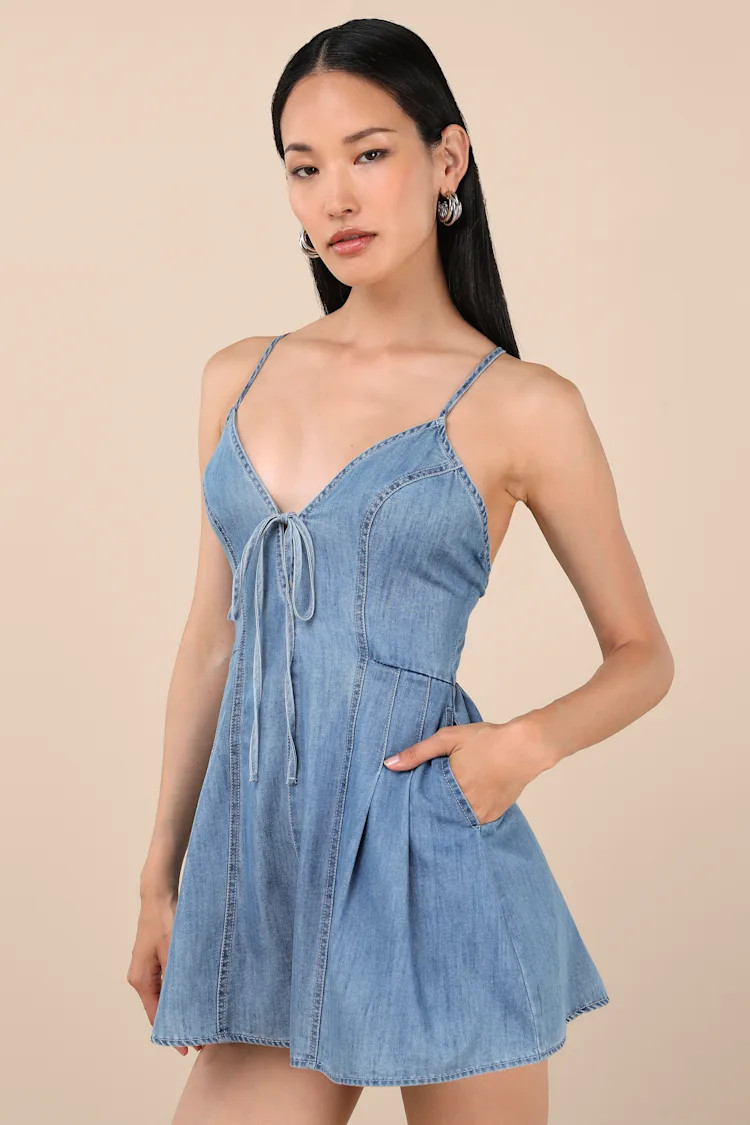 Everyn Blue Chambray Backless A-Line Romper | Lulus