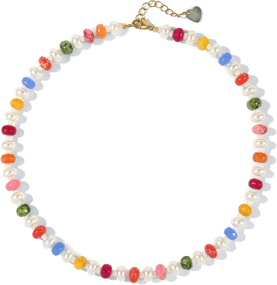 Colorful Gemstone Beaded Necklaces For Women Trendy Rainbow Natural Stone Boho Handmade Stainless... | Amazon (US)