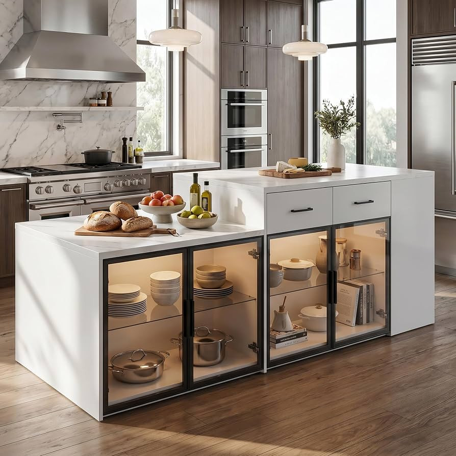 WOODTIME 94.5" W Stationary Kitchen Island with LED Light, Glass Doors, Shelves & Drawers, Large ... | Amazon (US)