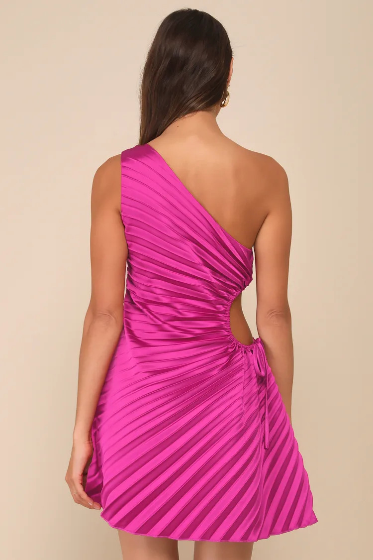 Constantly Poised Magenta Satin Pleated One-Shoulder Mini Dress | Lulus