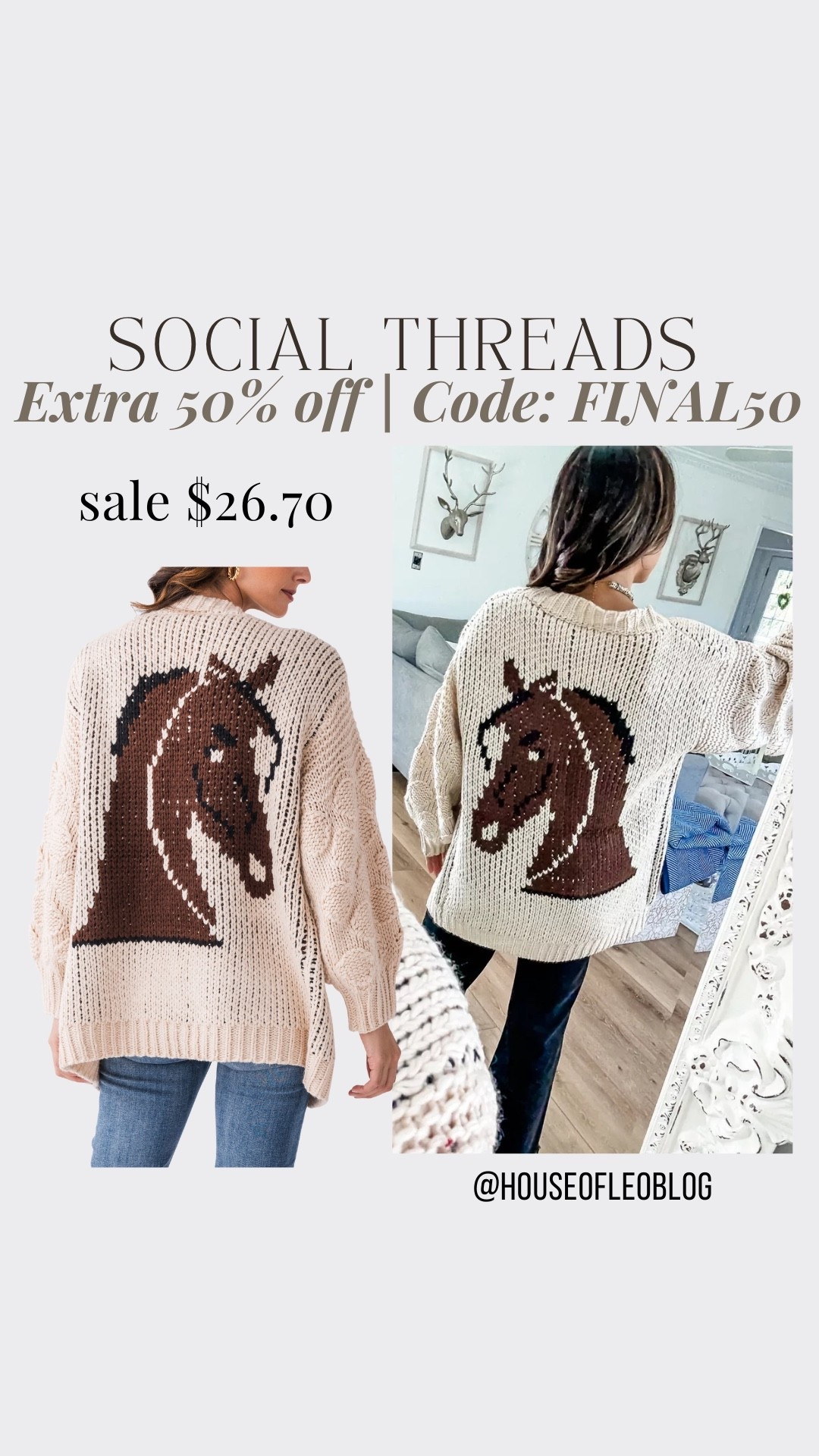 Code final50. Wearing small horse cardigan.

#LTKFindsUnder50 #LTKSaleAlert #LTKOver40