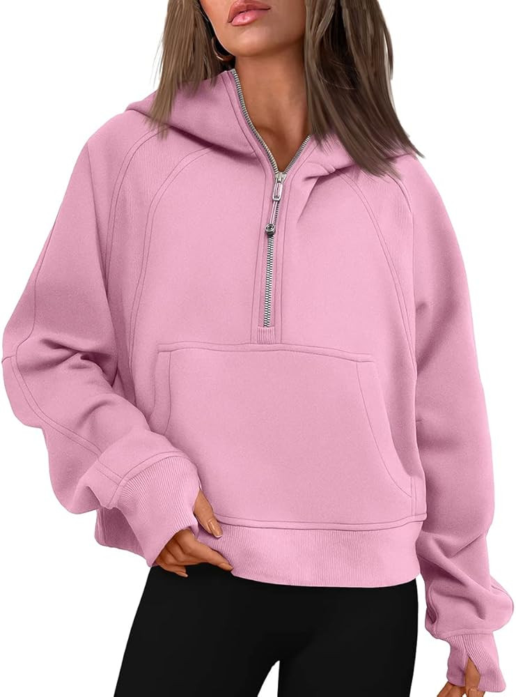 EFAN Women Cropped Hoodies Fleece Half Zip Pullover 2023 Trendy Quarter Zip Up Sweatshirts Hooded... | Amazon (US)