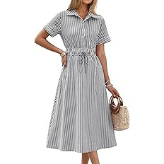 ANRABESS Womens Summer Midi Dress Short Sleeve Striped Plaid Button Collar Shirt Dresses 2026 Cas... | Amazon (US)