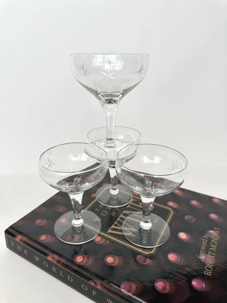Coupe Glasses Cocktail Glasses Vintage Martini Glassware MCM Madmen Style Barware Starburst Etche... | Etsy (US)