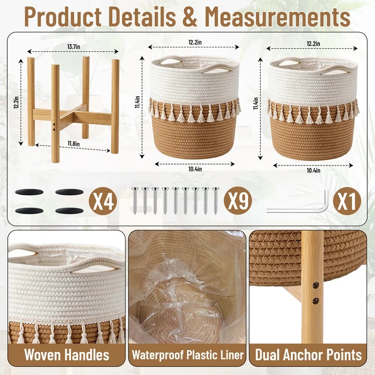 MOLIBYME Plant Basket with Stand, Indoor Cotton Rope Plant Woven 2 Basket with Bamboo Wood Stand,... | Walmart (US)