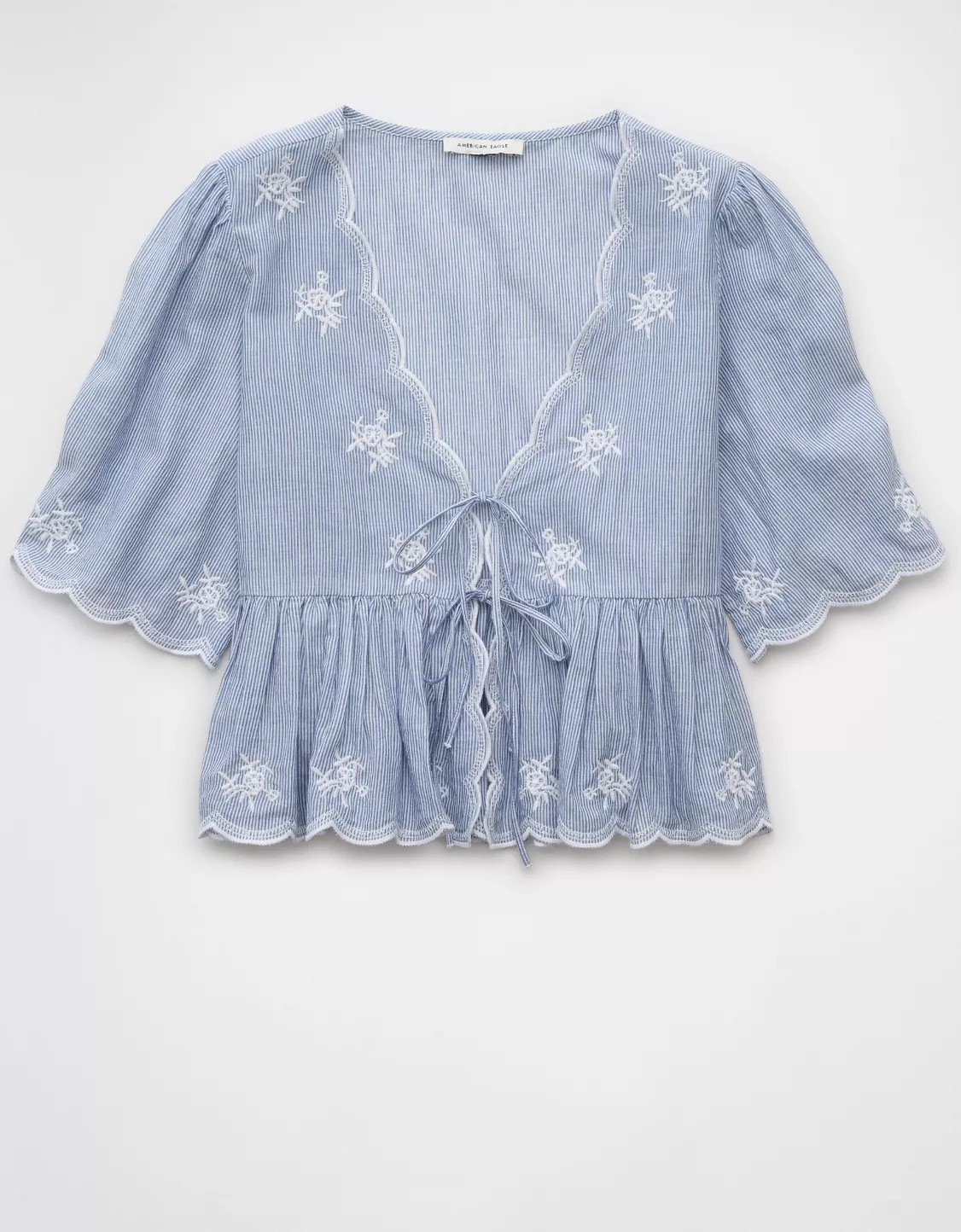 AE Embroidered Tie Front V-Neck Blouse | American Eagle Outfitters (US & CA)