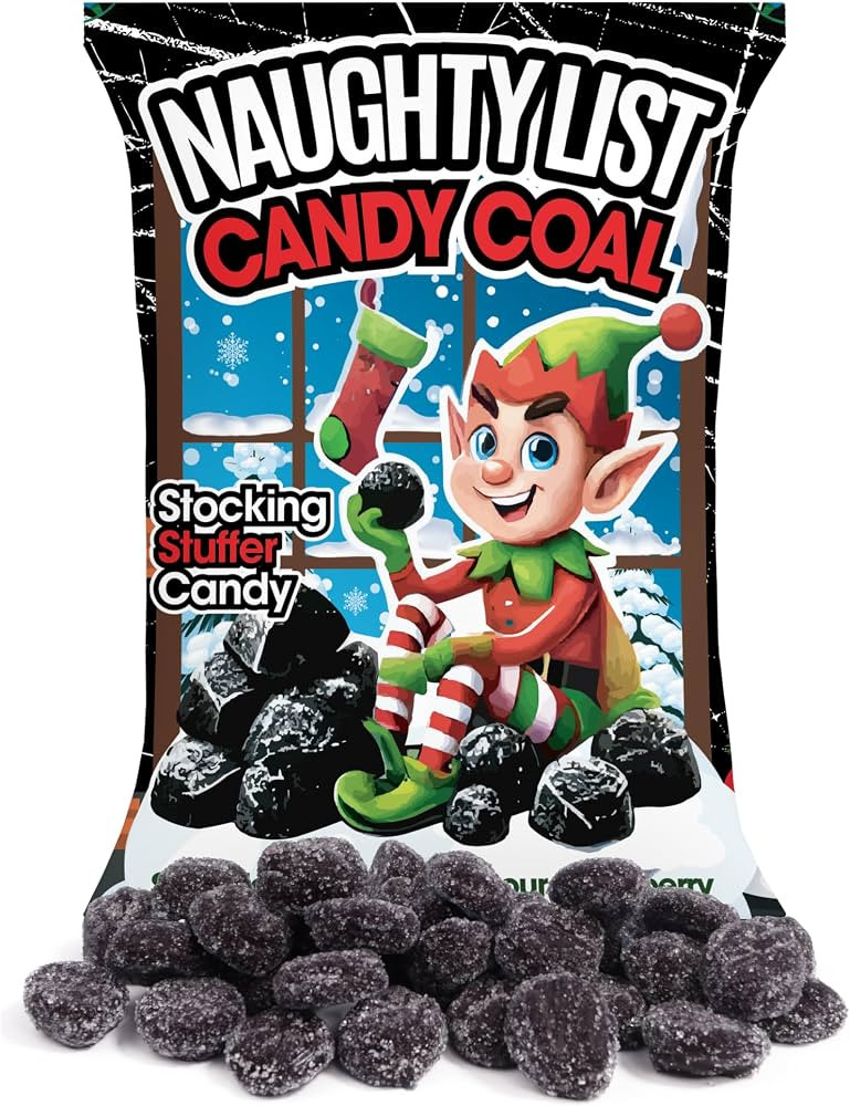 Naughty List Coal Christmas Candy, Funny Gag Gift Gummies, Sour Strawberry Flavored, Stocking Stu... | Amazon (US)