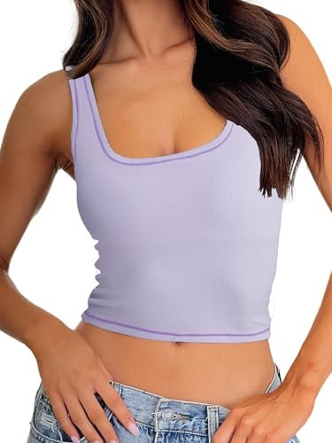 Danysu Women Cotton Rib Tank Top with Built in Bra Square Neck Crop Tank Fitted Basic Tops Lilac Hint M | Amazon (US)