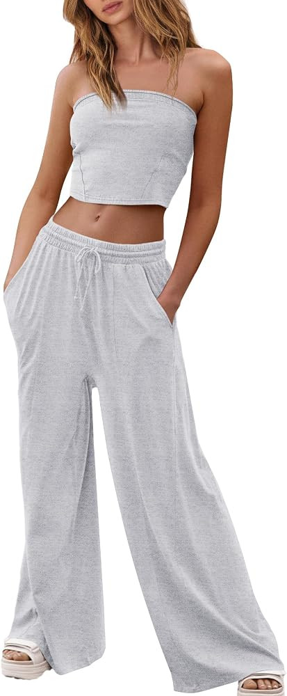 Yanekop Womens 2 Piece Lounge Set Tube Top and Pants Set Travel Sexy Two Piece Outfits Summer Bea... | Amazon (US)
