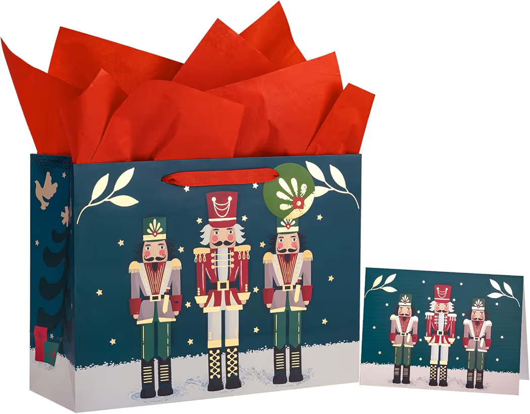 WRAPAHOLIC 13" Christmas Large Gift Bag with Card and Tissue Paper - Red & Green Nutcracker with ... | Amazon (US)
