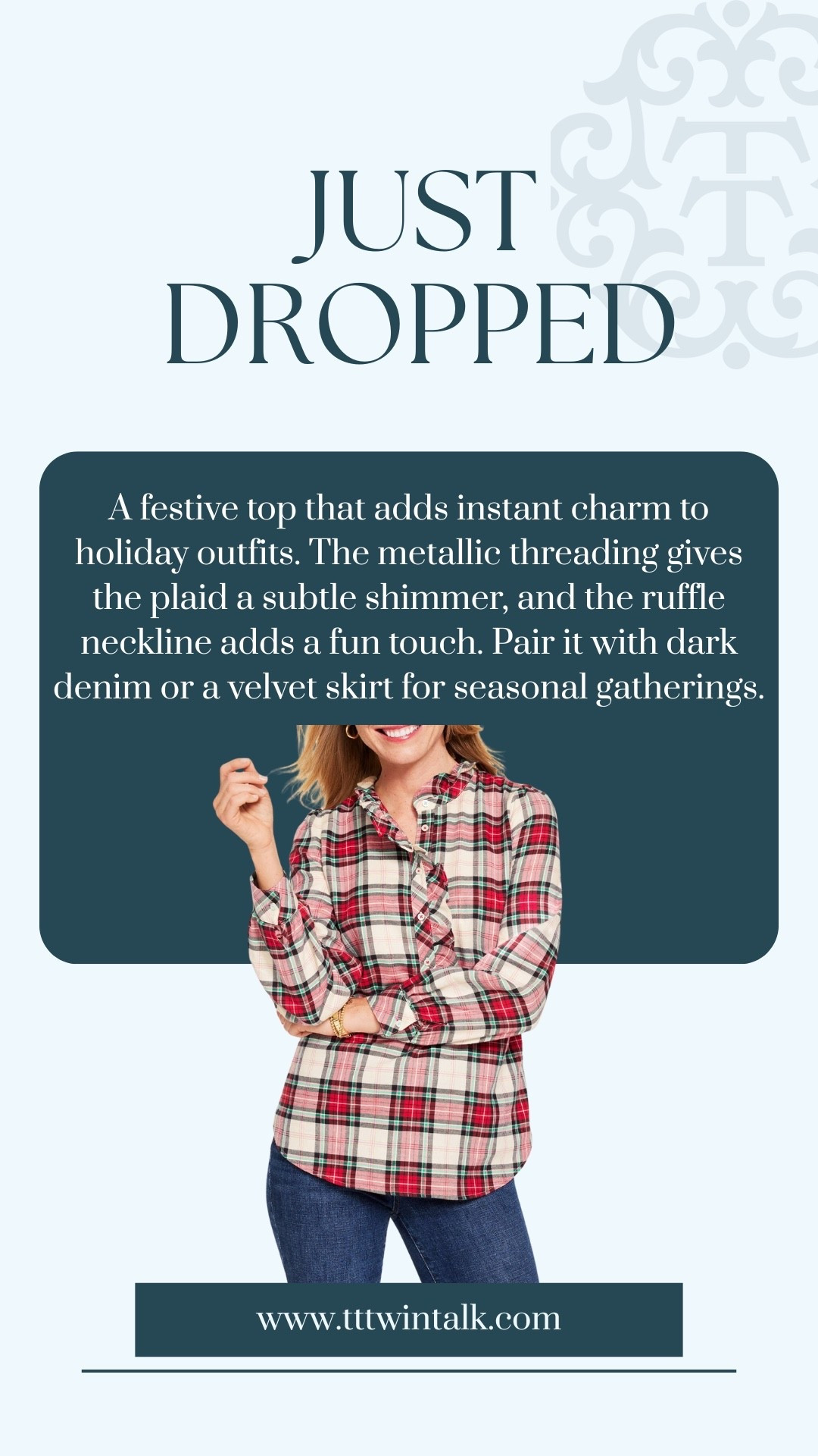 A festive top that adds instant charm to holiday outfits. The metallic threading gives the plaid a subtle shimmer, and the ruffle neckline adds a fun touch. Pair it with dark denim or a velvet skirt for seasonal gatherings.

#LTKOver40 #LTKHoliday #LTKSeasonal