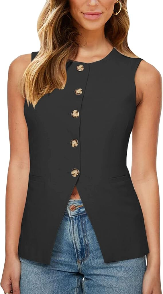 Fallorchid Womens Round neck Suit Vest Sleeveless Button Business Jacket Waistcoat Top | Amazon (US)