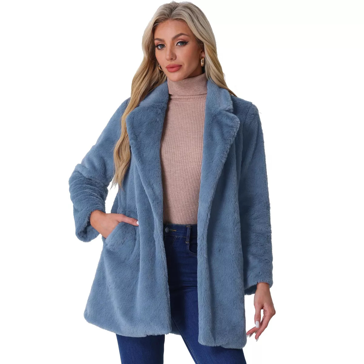 Allegra K Women's Lapel Collar Faux Fur Fuzzy Winter Long Overcoat with Pockets | Target