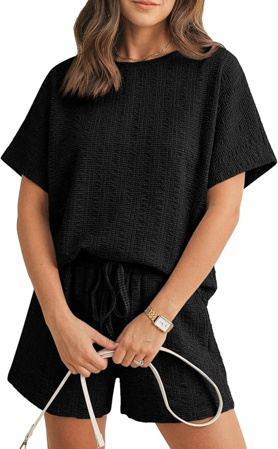 Tankaneo Womens 2 Piece Outfits Shorts Set Summer Casual Short Sleeve Crew Neck Textured T Shirts... | Amazon (US)