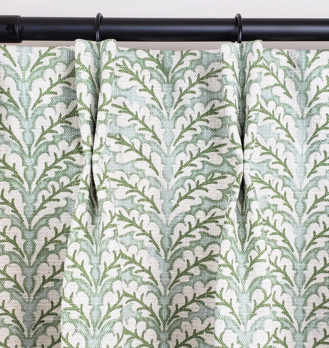 Pair of Pinch Pleat Curtains in Spencer Tendril Green on Natural Heavy Slub Linen - 4 Linings Ava... | Etsy (US)