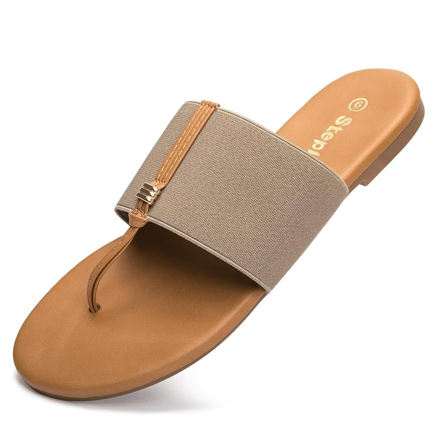 Women's Elastic T-Strap Sandals - Comfortable Slip-On Summer Flats, Stretchy Slide Sandals for Wa... | Amazon (US)