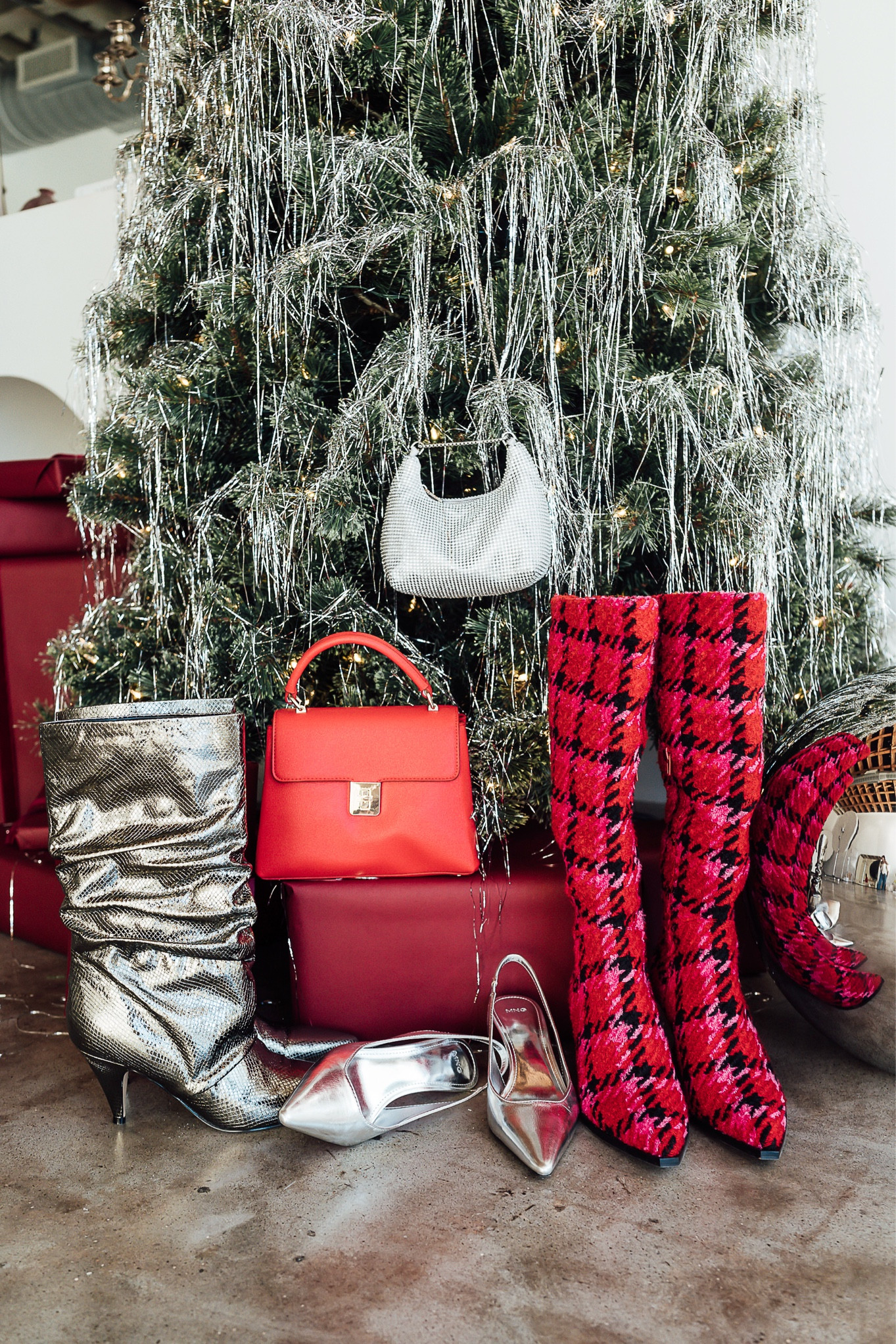 Holiday festive accessories, plaid boots, metallic boots, red purse handbag, rhinestone chain bag 

#LTKItBag #LTKShoeCrush #LTKHoliday