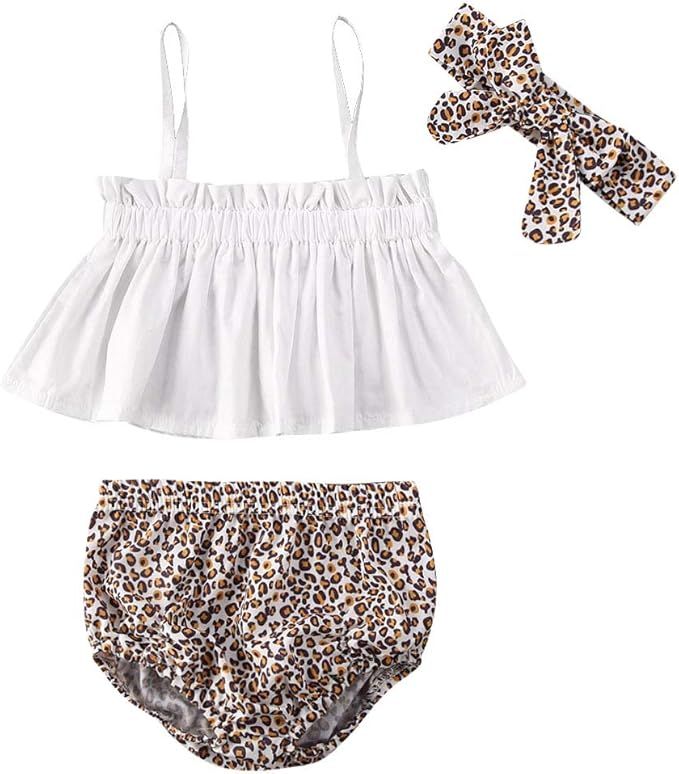 Baby Girl 3PCS Outfits White Halter Strap Shirt Crop Tops Leopard Shorts Skirt Headband Summer Cl... | Amazon (US)