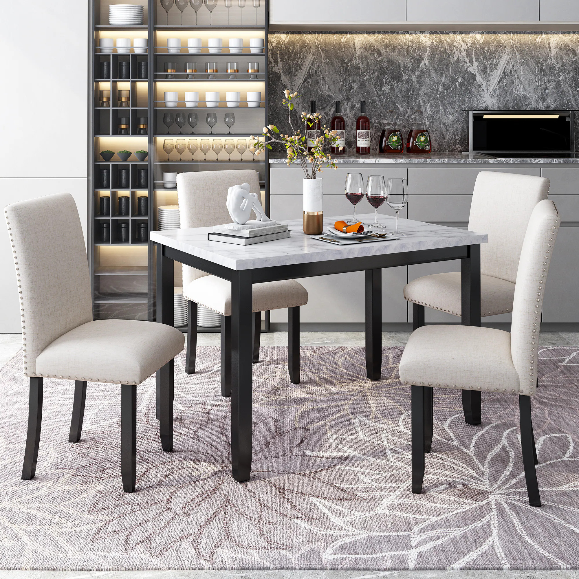 LOVMOR Faux Marble 5Piece Dining Set Table with 4 Thicken Cushion Dining Chairs Home Furniture Set of 2 WhiteBeigeandBlack one_size | SF-M-ST000040AAA | Lowe's