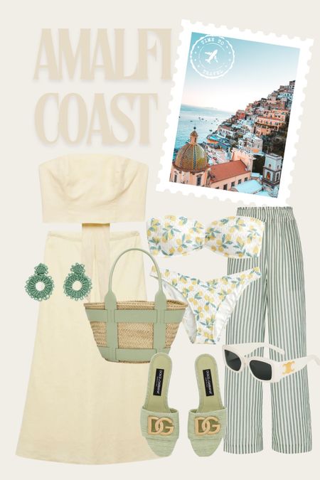 Amalfi coast vacation outfit- pale yellow linen bow back top & matching skirt co-ord set, Demellier straw tote bag, lemon print bikini, green stripe beach trousers, celine sunglasses & D&G sandals.
Holiday, vacation, matching set, swimwear, Italy outfit, summer outfit, Europe outfits, beach style.

#LTKswimwear #LTKeurope #LTKstyletip