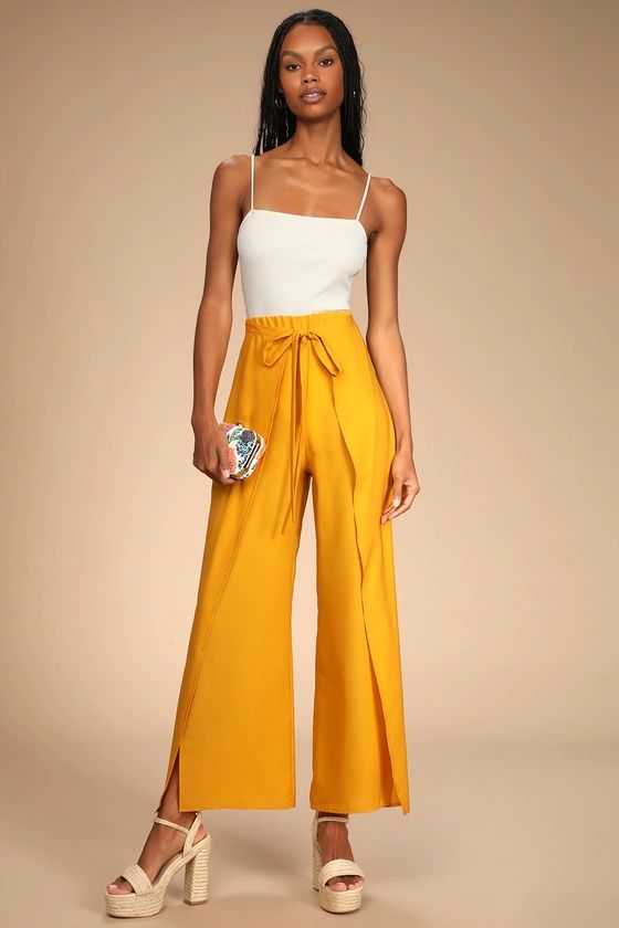 Bright and Breezy Marigold Tie-Front Culotte Side Slit Pants | Lulus (US)