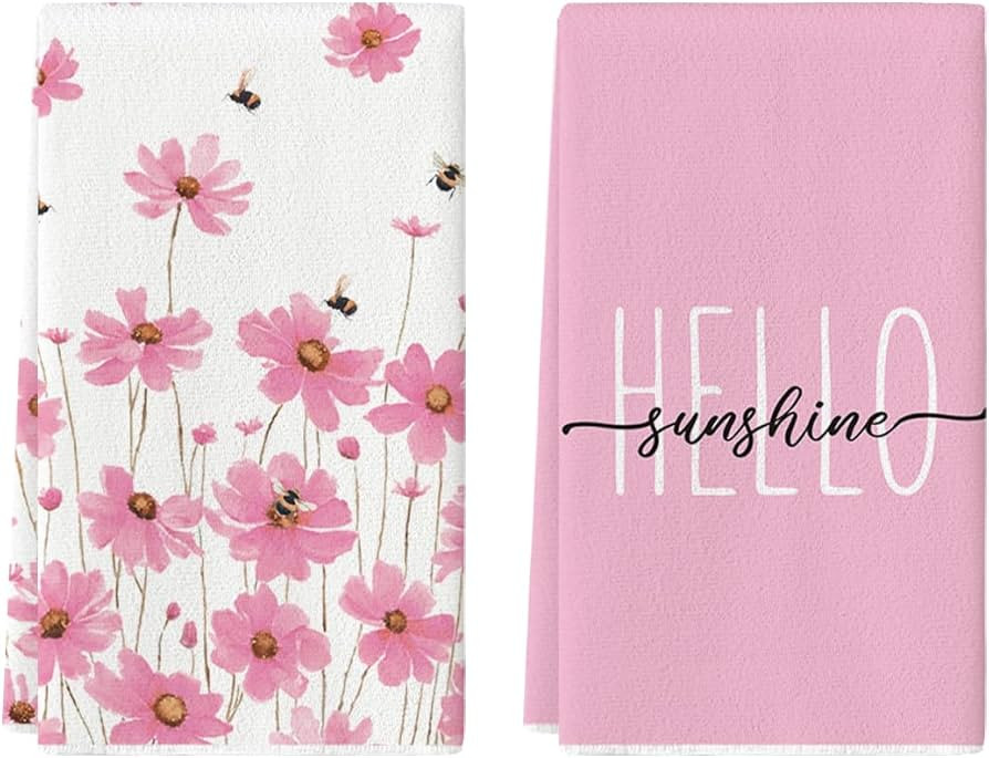 Artoid Mode Pink Flowers Bee Hello Sunshine Spring Kitchen Towels Dish Towels, 18x26 Inch Seasona... | Amazon (US)