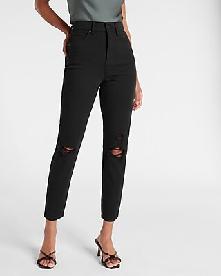 Super High Waisted Black Ripped Mom Jeans | Express