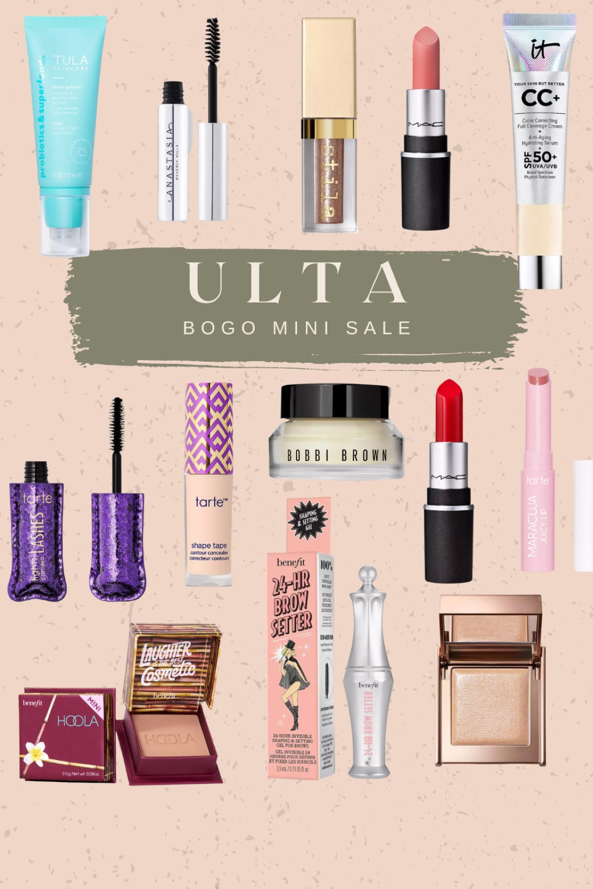 Ulta is having a bogo mini sale! IMO it is a fabulous sale especially if you have have been to try any products out or want to to snag double your favorite products - tarte shape tape - Elemis resurfacing pads - grande lash serum - juicy lips - Sunday Riley products - Mac lipstick - Anastasia Beverly Hills - it cosmetics cc cream - Bobbi brown - benefit - stilla 

#LTKSale #LTKbeauty #LTKsalealert