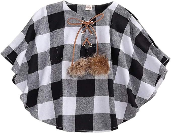 Toddler Baby Girl Christmas Pompom Cape Poncho Coat Tops Winter Cloak Button Coat Jacket Plaid Pu... | Amazon (US)