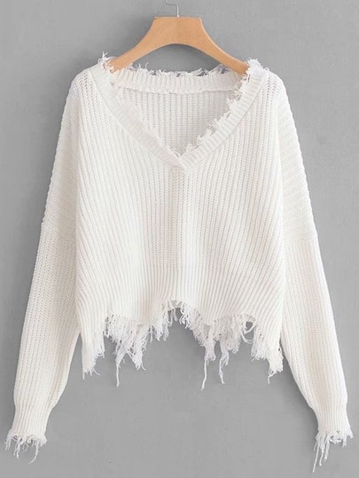 Frayed Trim Drop Shoulder Jumper | ROMWE | ROMWE