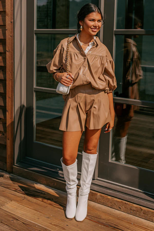 Fate Would Have It High Waist Faux Leather Shorts in Iced Mocha | Impressions Online Boutique