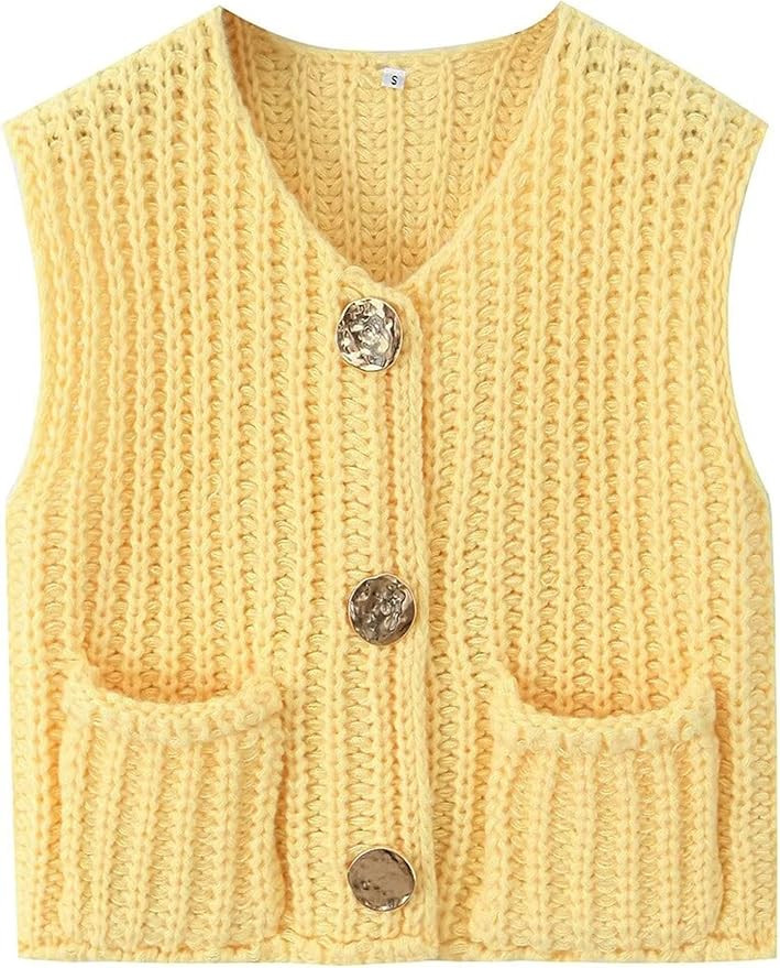 Women Crochet Knit Sweater Vest Button Up Cropped Casual Sleeveless Vest Fashion Vintage Cardigan... | Amazon (US)
