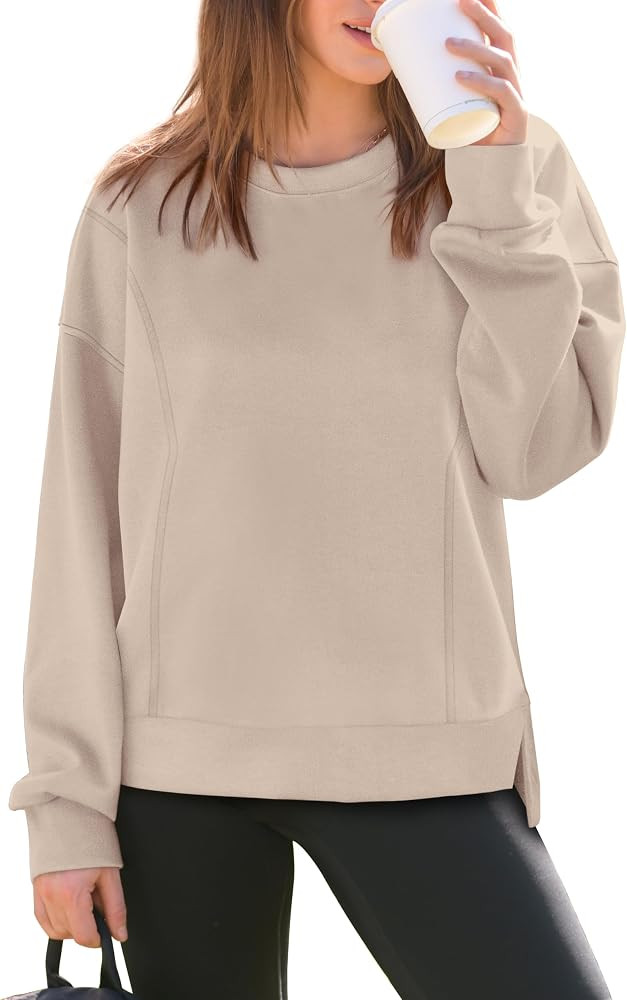OFEEFAN Crewneck Sweatshirts for Women Fall Long Sleeve Shirts Side Slit Tops Loose Fit | Amazon (US)