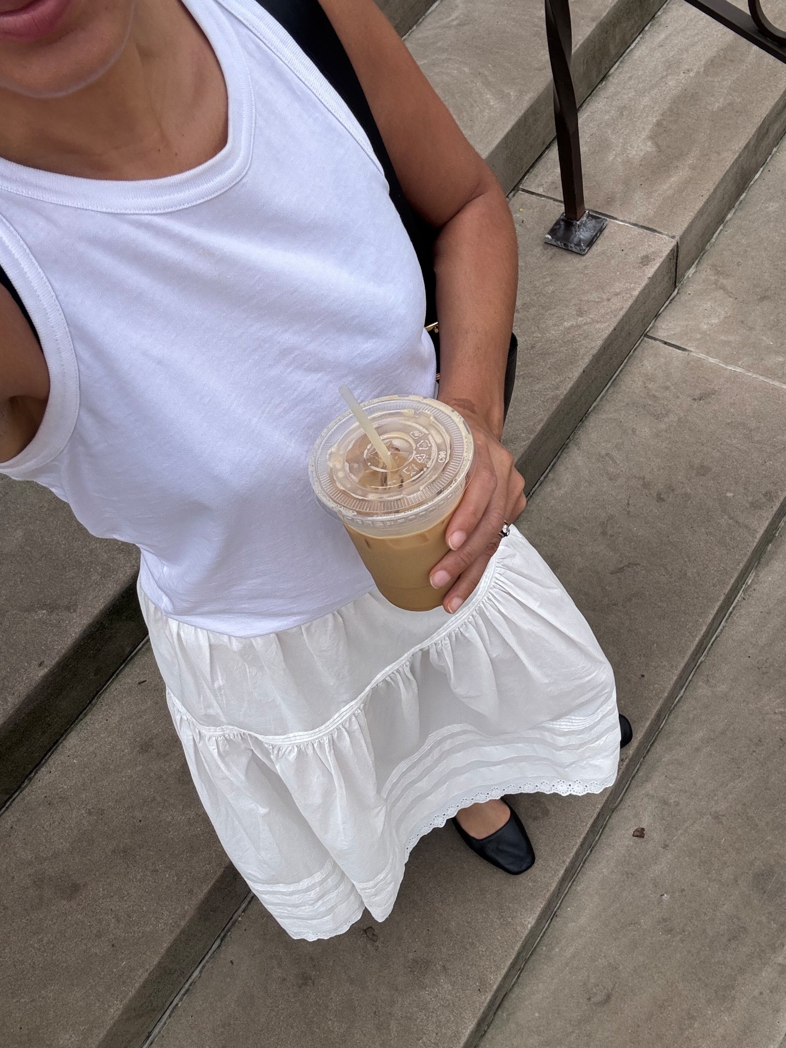 Cute white skirt outfit for a spring summer day: white skirt, Mary Jane flats, tank top, tote bag

#LTKootd