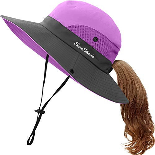 Kids UV Sun Hat with Ponytail Hole UPF 50 Bucket Cap for Girls Summer Beach ＆ Fishing (M:5-12T(Head circumferences 20.6"-21.8"), Purple) | Amazon (US)