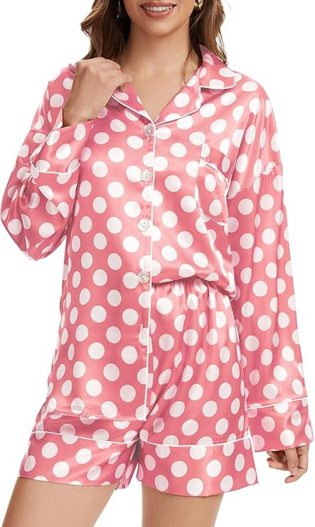 Moreone Womens Silk Satin Pajama Set Long Sleeve Button Down Top and Shorts 2 Piece Loungewear So... | Amazon (US)