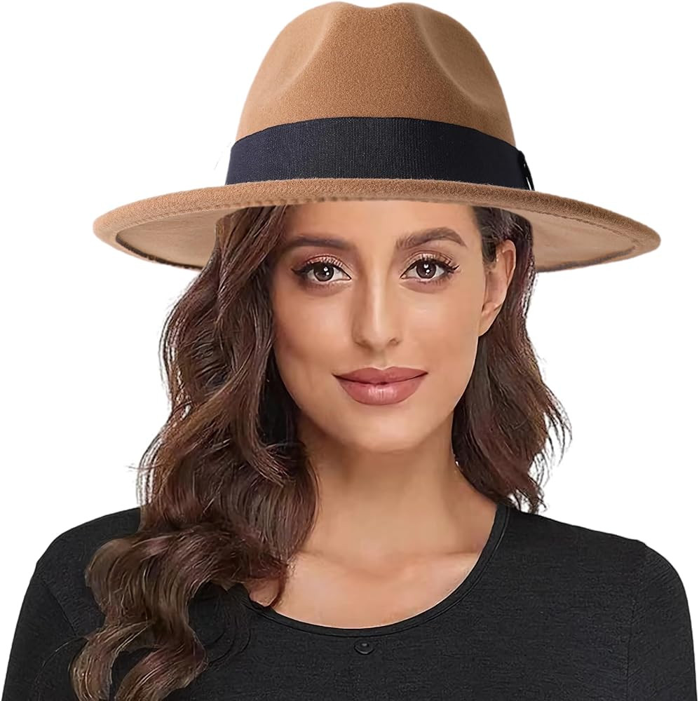 Lanzom Classic Fedora Hats for Women Lady Wide Brim Felt Panama Hat with Belt Buckle | Amazon (US)