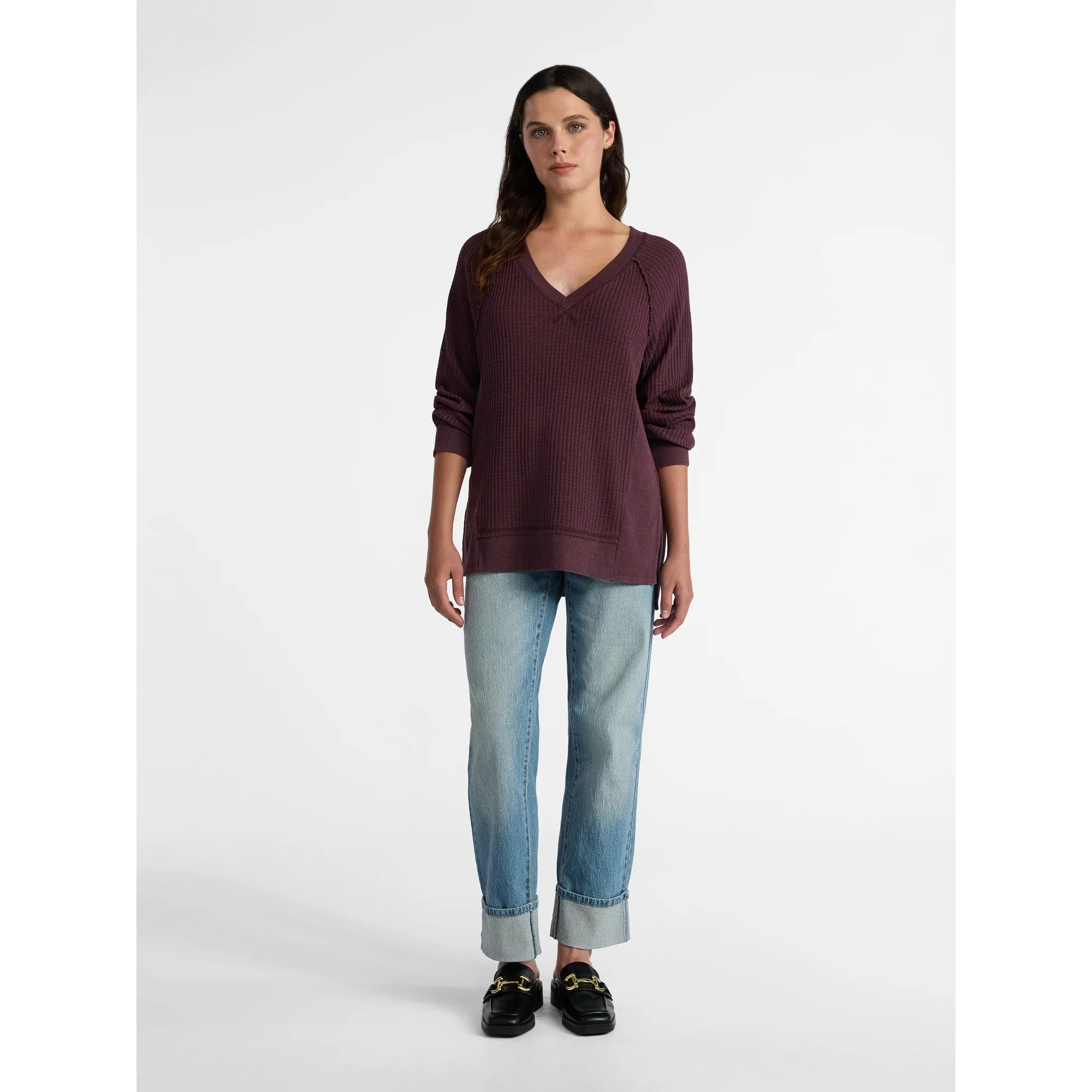 Time and Tru Women's Waffle Knit Tunic V-Neck Sweatshirt with Long Sleeves, Sizes XS-3XL | Walmart (US)