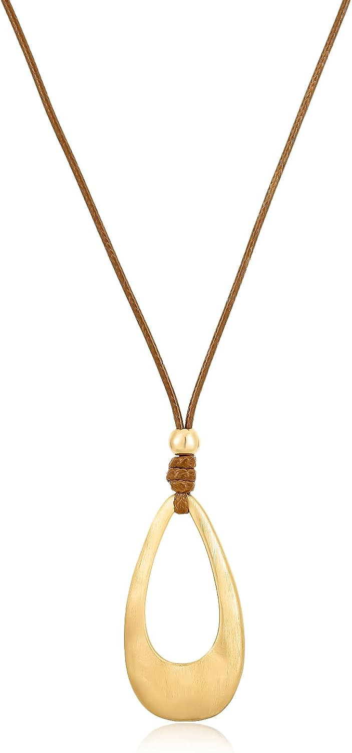 Brushed Gold Plated Classic Teardrop Pendant Long Necklace for Women, Adjustable Length Brown Wax Cord Sweater Chain Fashion Jewelry Gifts | Amazon (US)