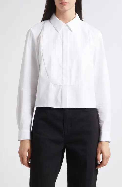 PARTOW Warren Crop Stripe Bib Cotton Poplin Button-Up Shirt in White at Nordstrom, Size 8 | Nordstrom