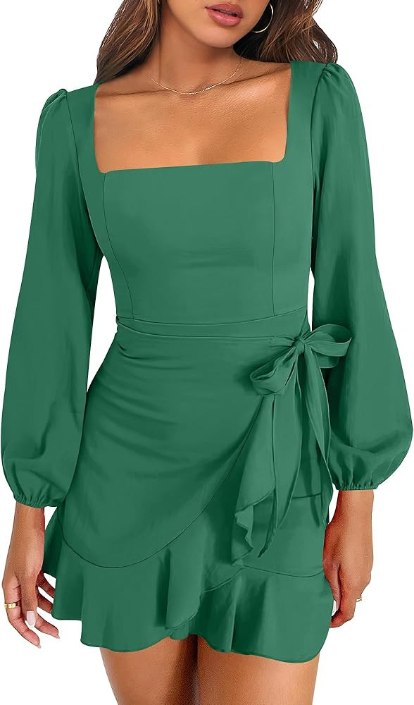 ANRABESS Womens Dress Long Sleeve Square Neck Tie Waist Ruffle Hem Short Cocktail Wedding Guest F... | Amazon (US)