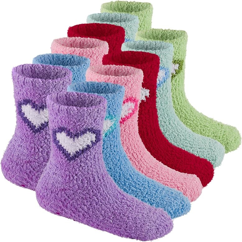 Debra Weitzner 6 Pairs Warm Fuzzy Socks for Kids with Grippers - Non Skid Slipper Socks for Toddl... | Amazon (US)