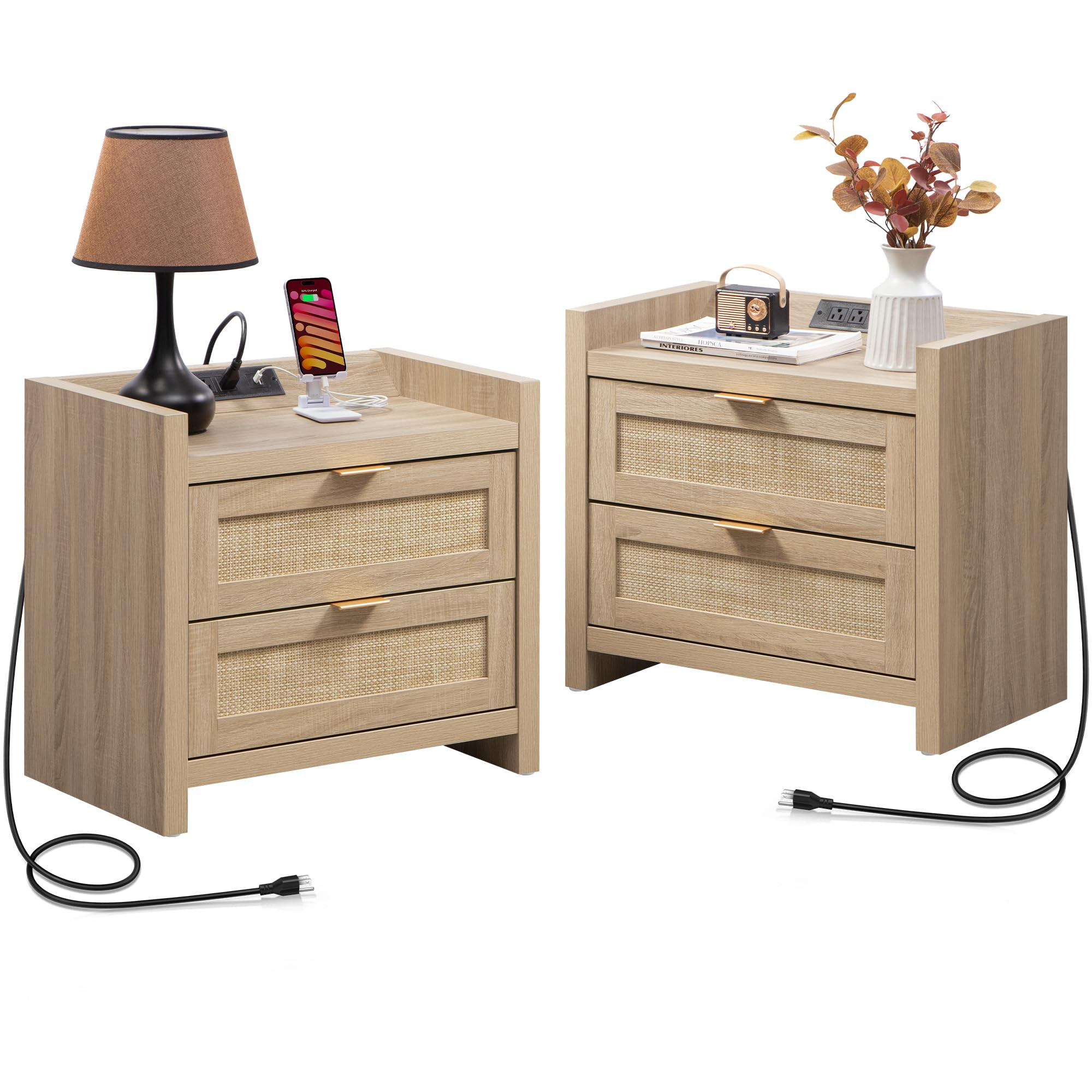 SICOTAS Rattan Nightstands Set of 2 Bedside Table - Bedroom Night Stand with Type-C Charging Stat... | Amazon (US)